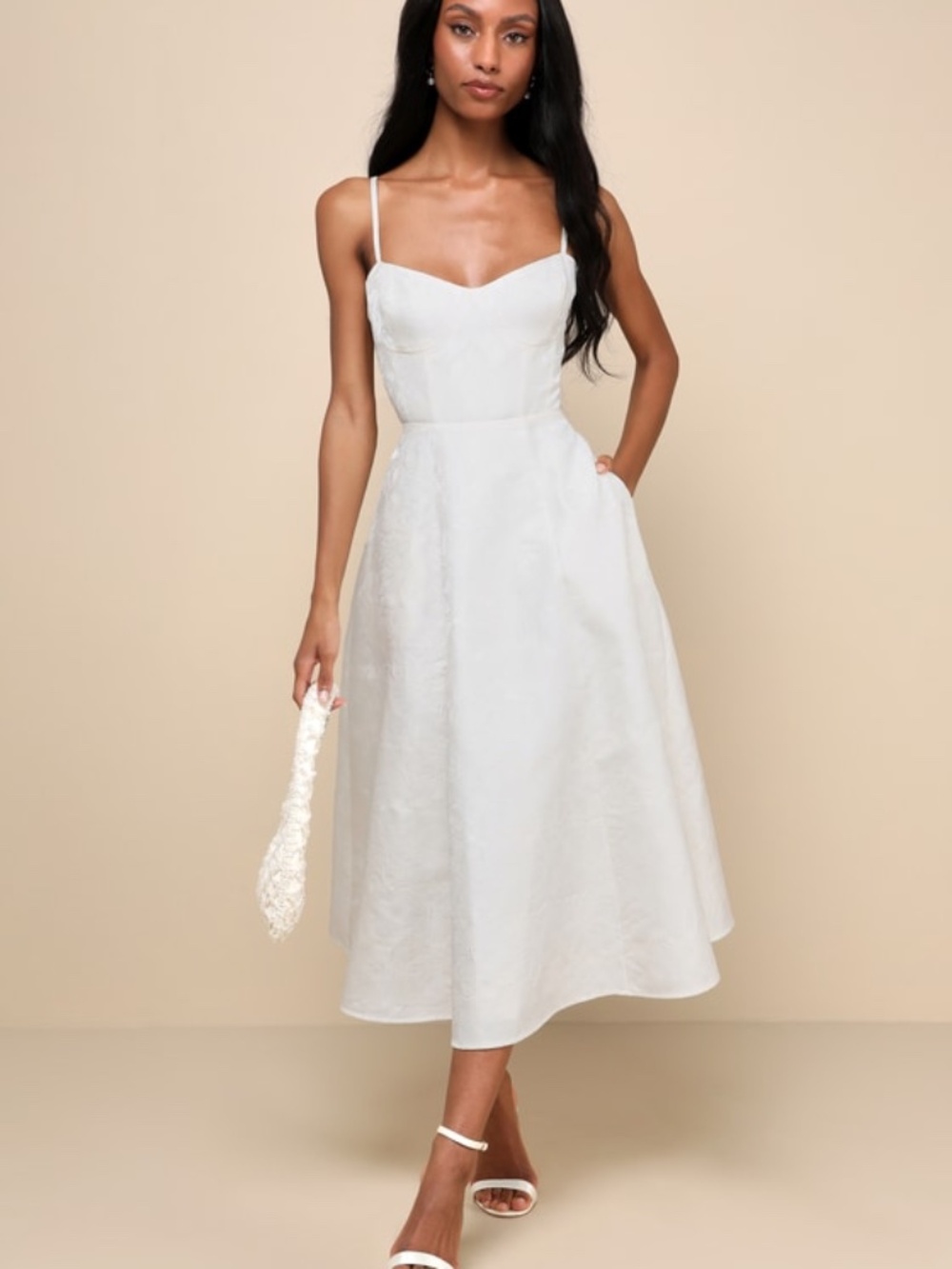 Lulus Meet For Tea White Jacquard Bustier Midi Dress With Pockets - Size M